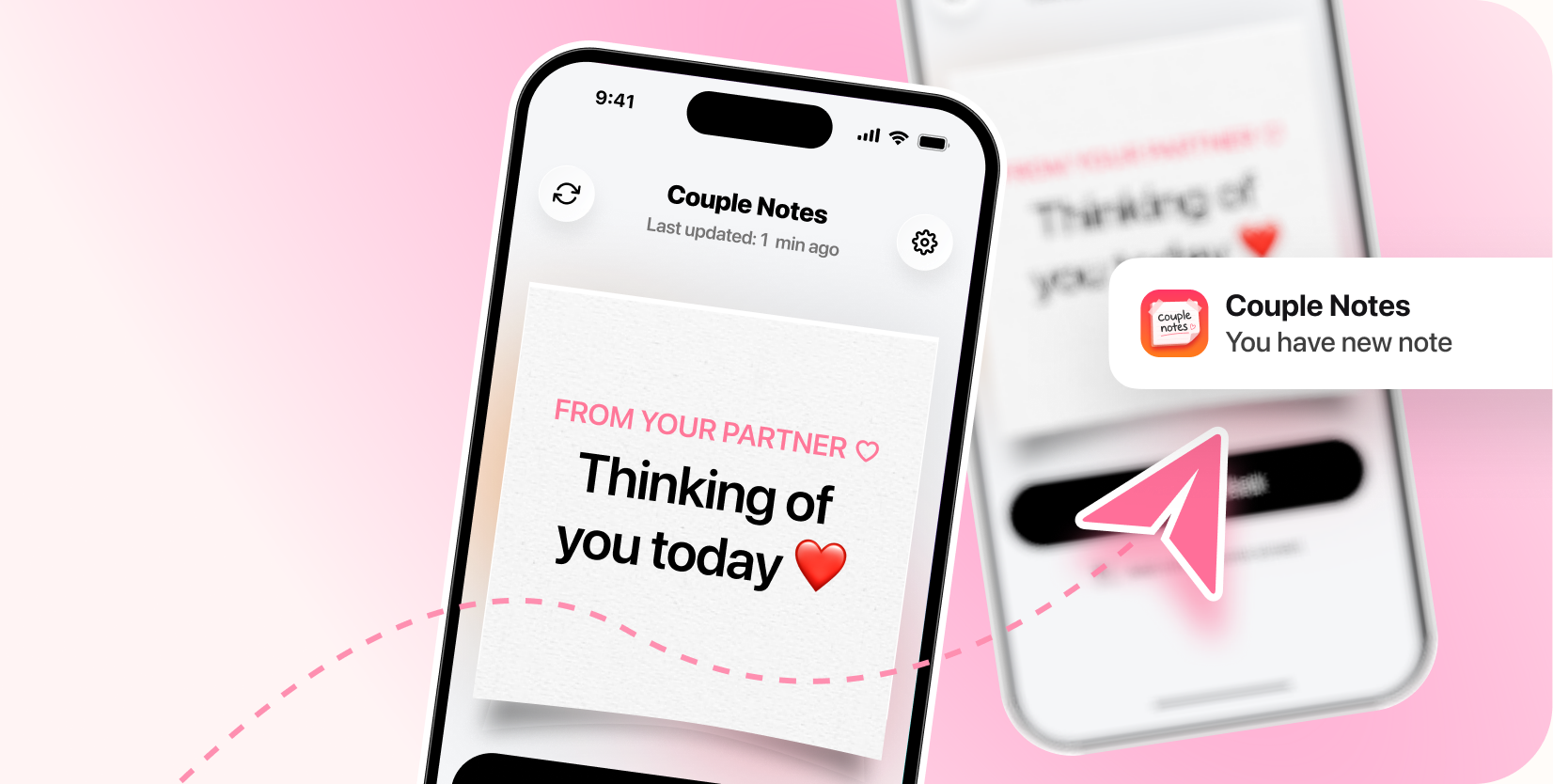 Couple Notes on an iPhone with a note reading “From your partner ♡ Thinking of you today ❤️”, and a notification saying “You have new note”