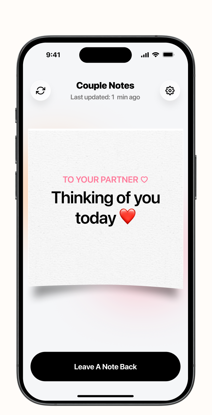 Couple Notes on your iPhone — a shared sticky note reading “To your partner ♡ Thinking of you today ❤️” above a “Leave a note back” button