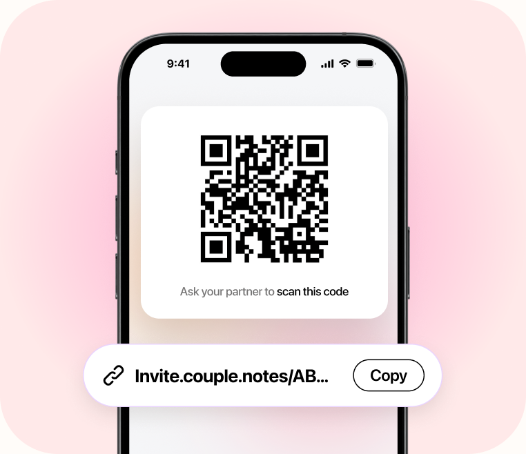 Pairing screen — “Ask your partner to scan this code” with a QR code and a copyable invite link