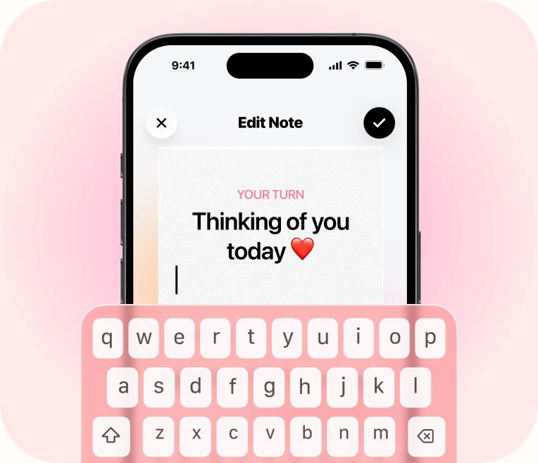 Edit Note screen — typing “Thinking of you today ❤️” on the shared sticky note
