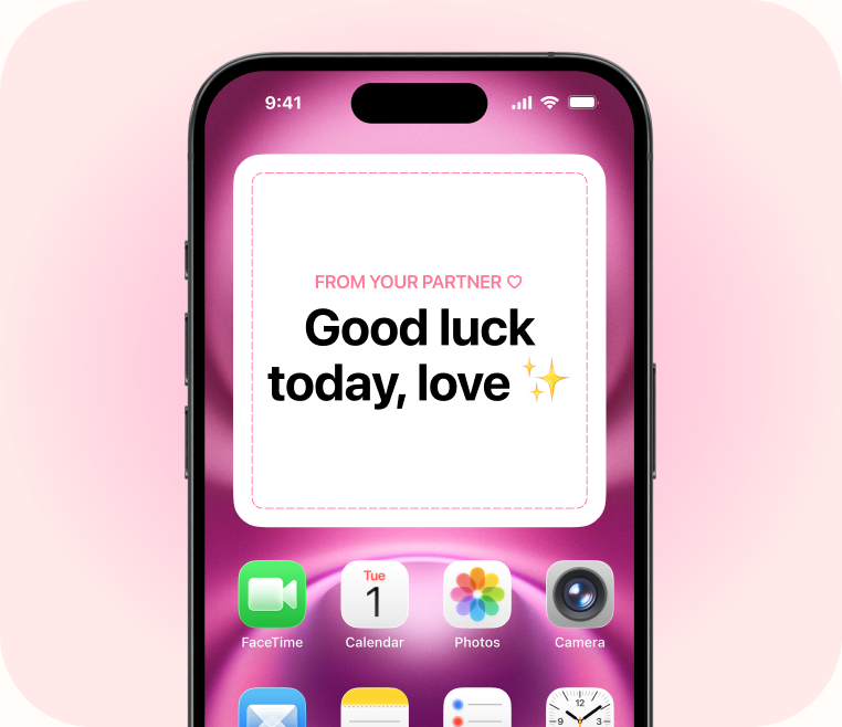 An iPhone home screen with the Couple Notes widget showing “From your partner ♡ Good luck today, love ✨”