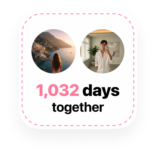 Days Together widget with two partner photos and 1,032 days together