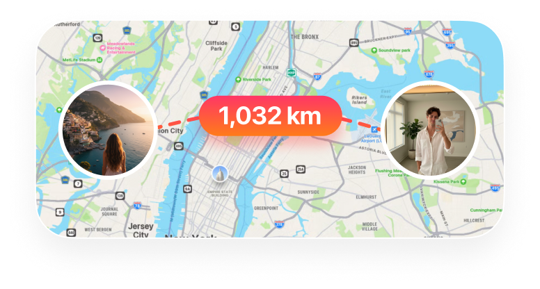 Distance widget showing two partner photos connected on a map, 1,032 km apart