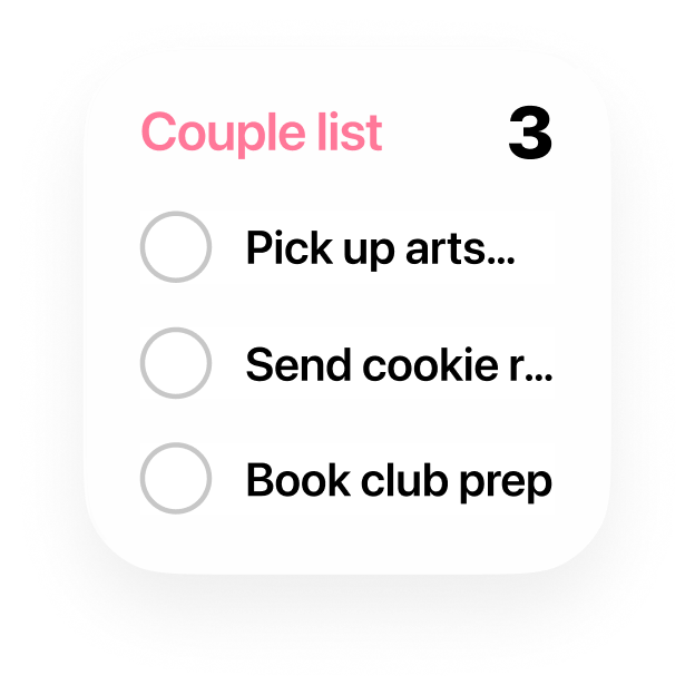 Couple List widget showing three shared to-dos with checkboxes