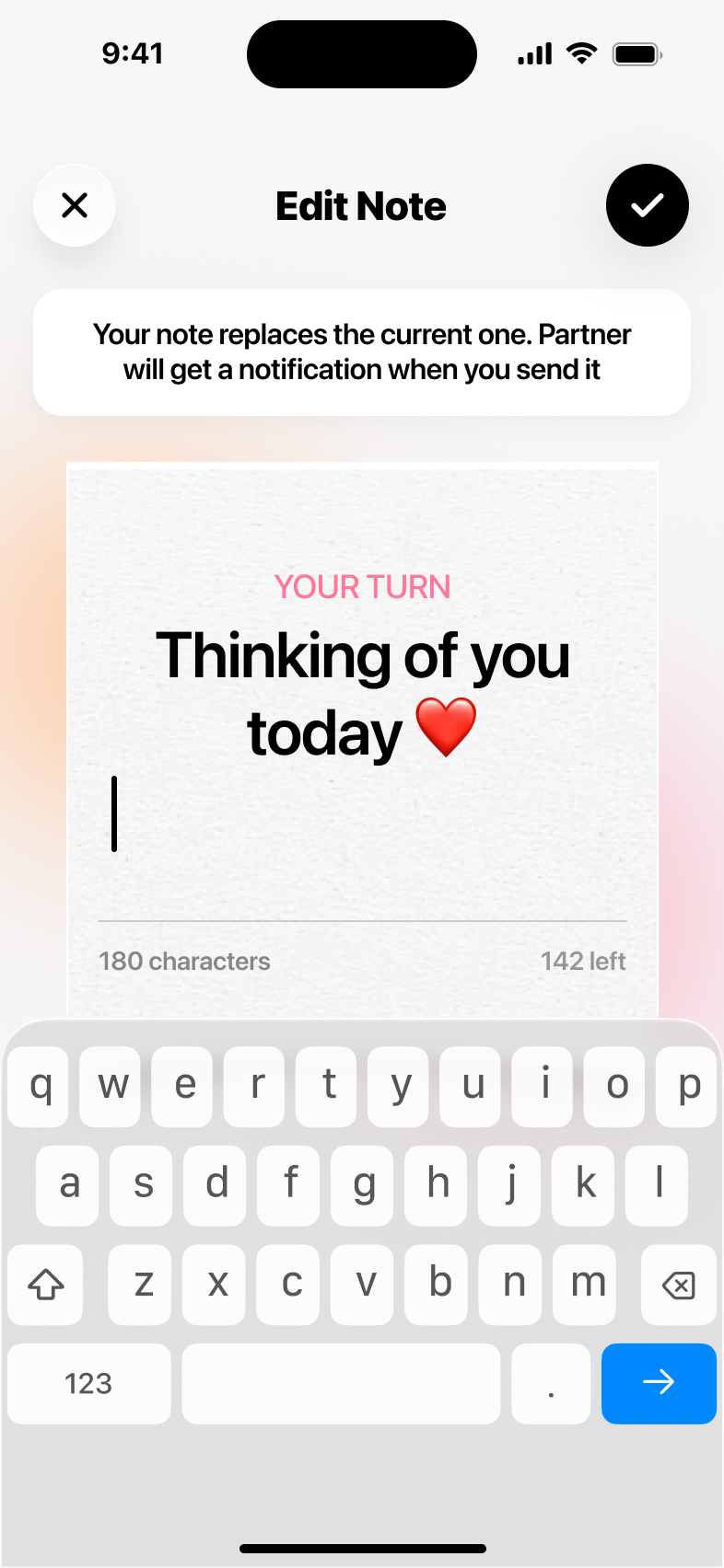 Couple Notes edit screen — writing a note on the shared sticky note