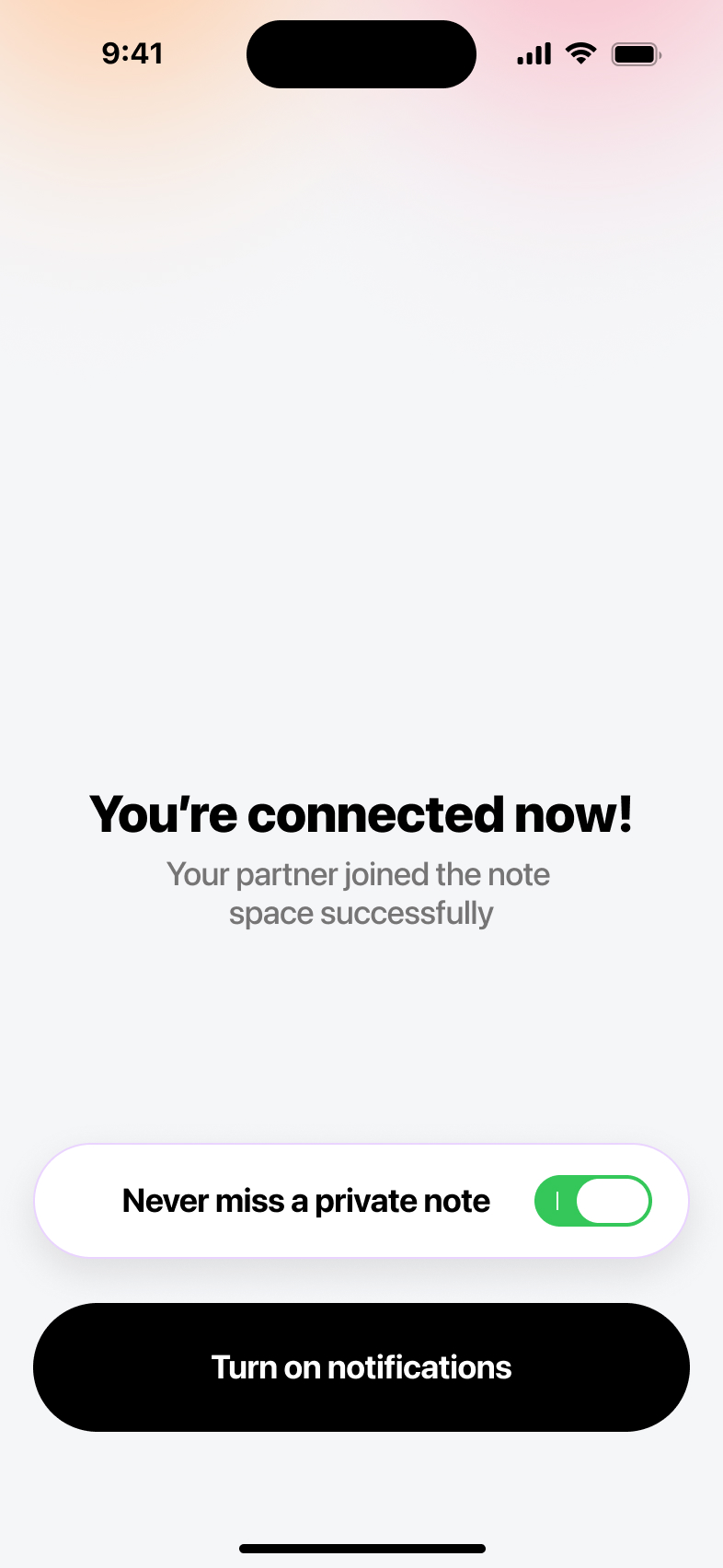 Couple Notes pairing screen — “You’re connected” after scanning your partner’s QR code
